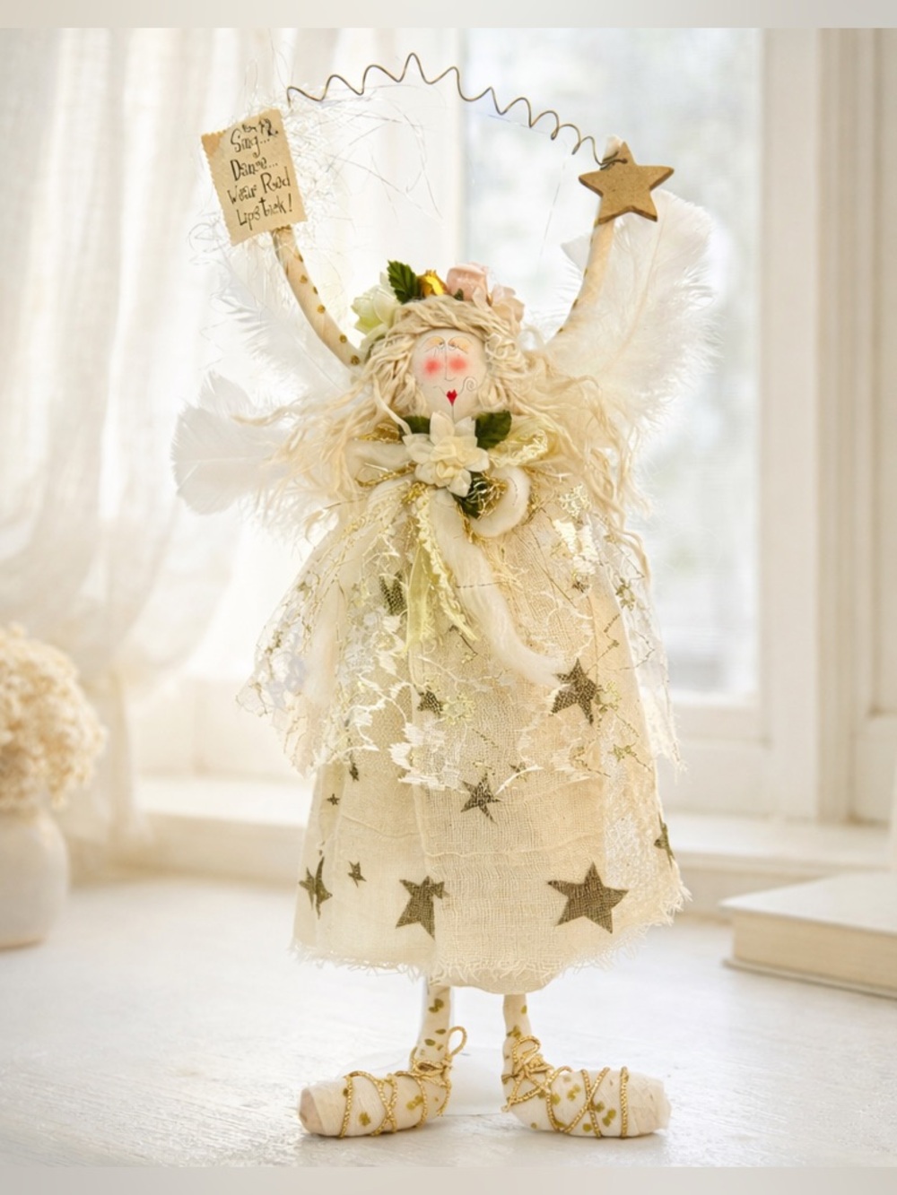 Hanging Angel Doll 15” Cloth Star Sign Cottage Farmhouse Decor